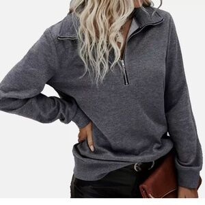 Womens Solid Zip Front Pullover Sweatshirt Long Sleeve Gray Size Large